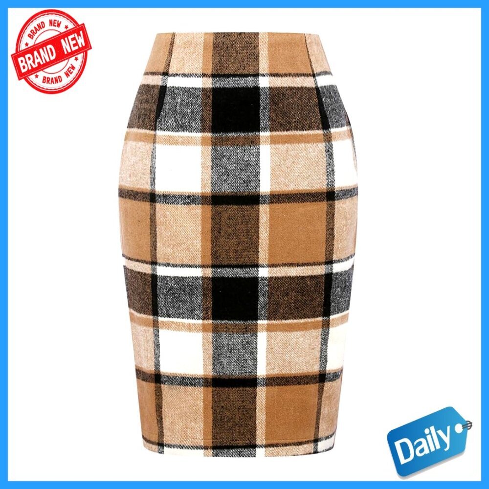 Wool Plaid Pencil Skirt High Waisted Bodycon Knee Length Midi